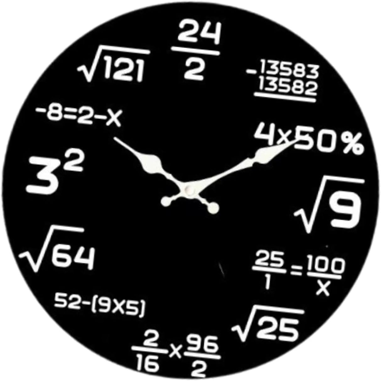 Eine schwarze Uhr mit mathematischen Gleichungen anstelle von Zahlen.