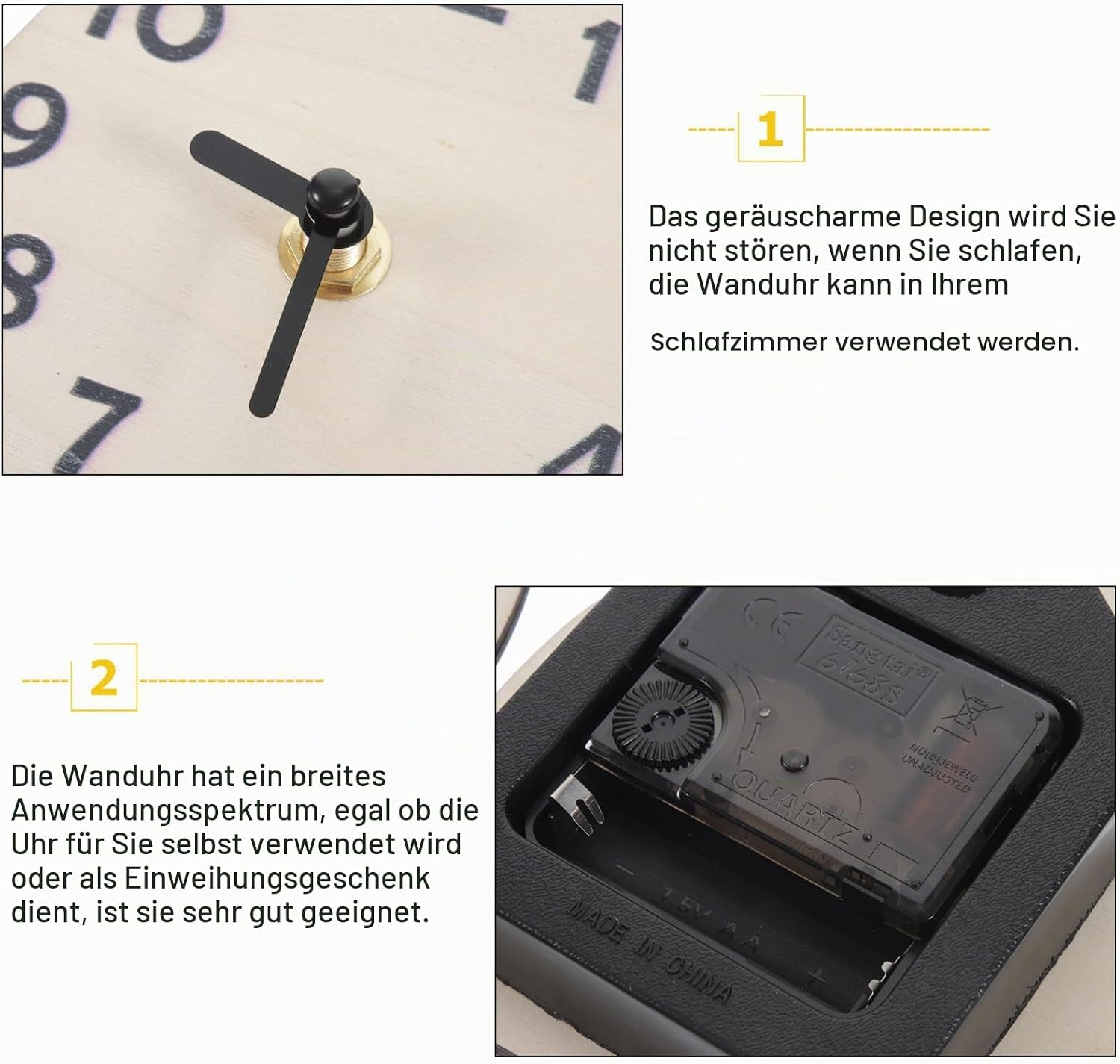 Nahaufnahme eines Uhrenwerks und eines Zifferblatts mit schwarzen Zeigern.