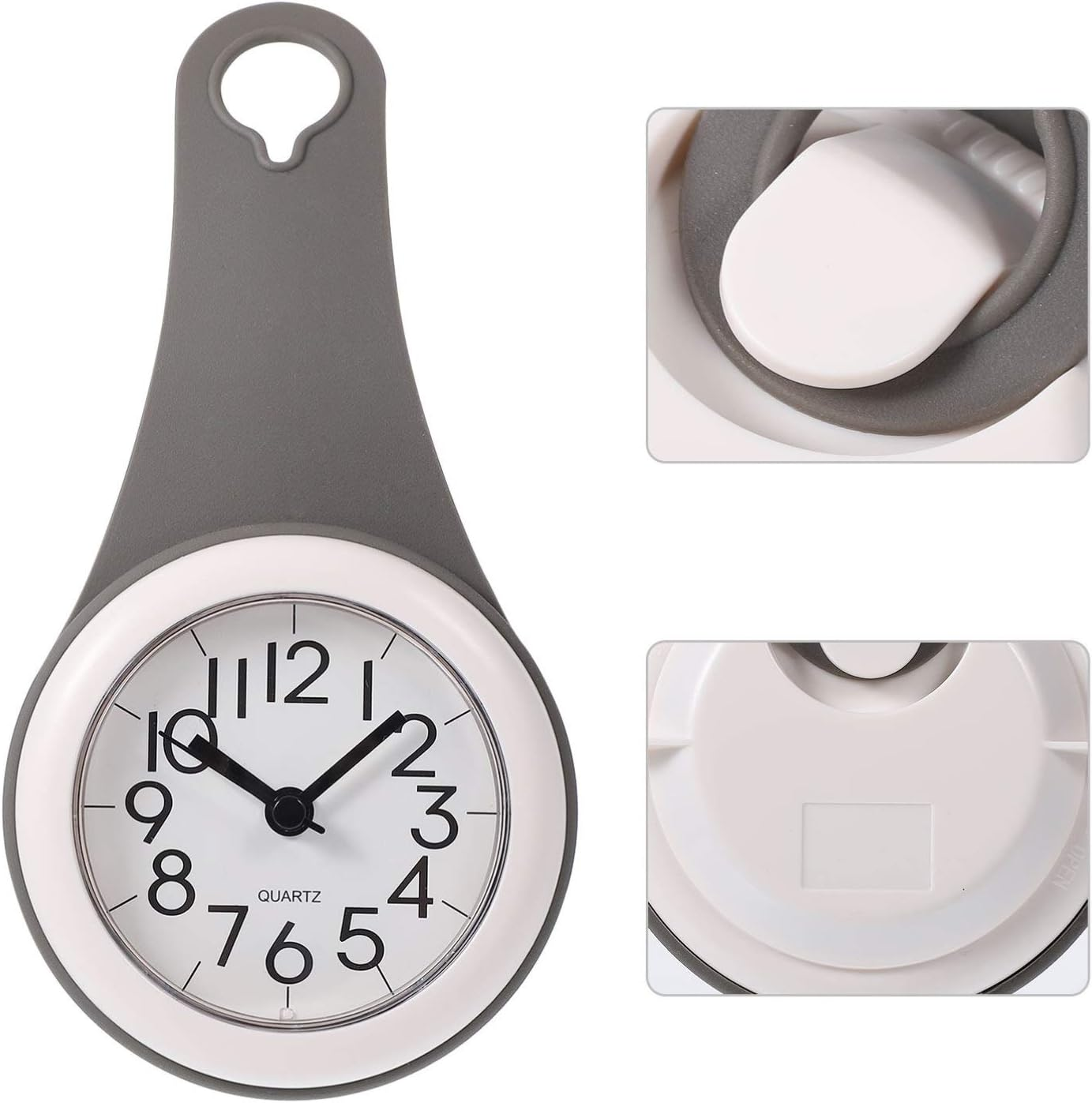 Graue Silikon-Uhrenarmband mit weißem Zifferblatt und schwarzen Zeigern. Digitalanzeige rechts.