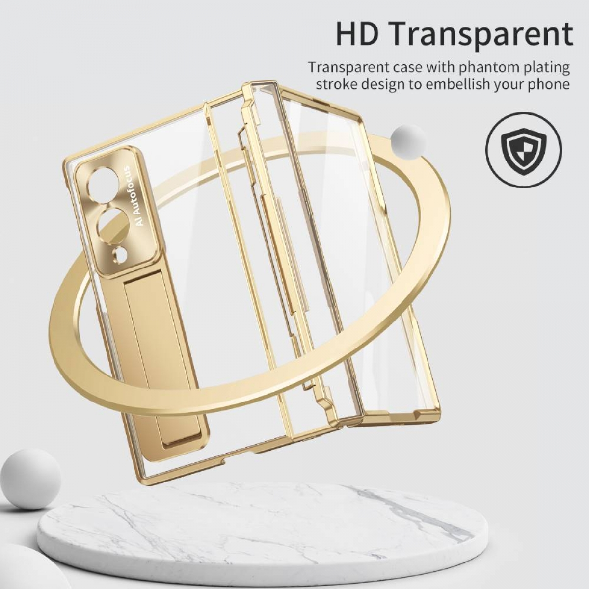 Transparente goldene Handyhülle mit Ständer und Kameraaussparung auf Marmorsockel.