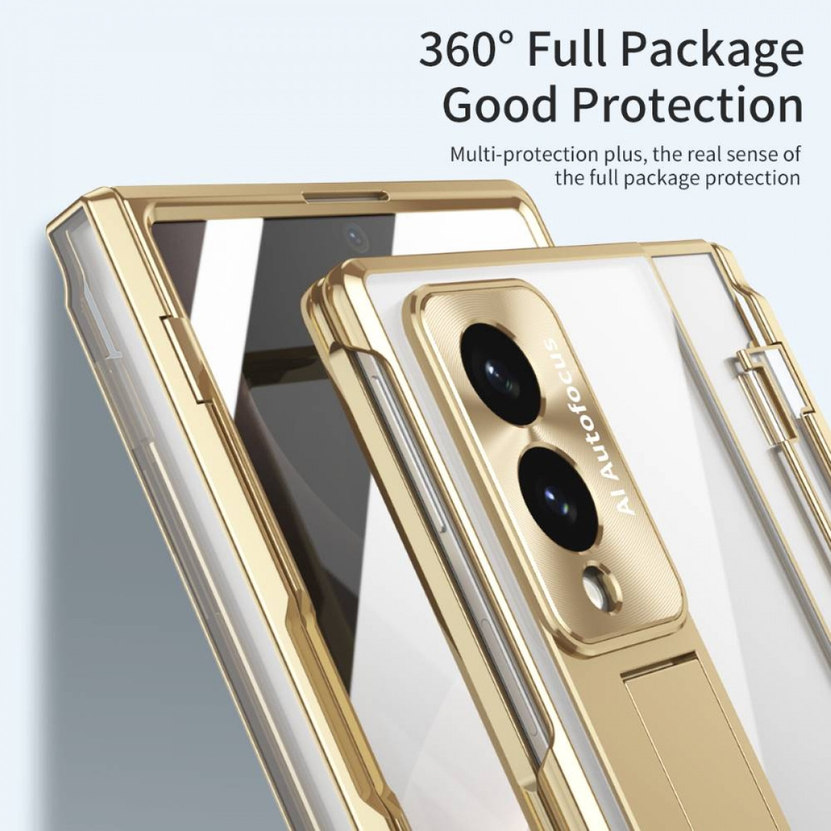 Goldene Handyhülle mit Rückkamera und Ständer, die 360-Grad-Schutz bietet.