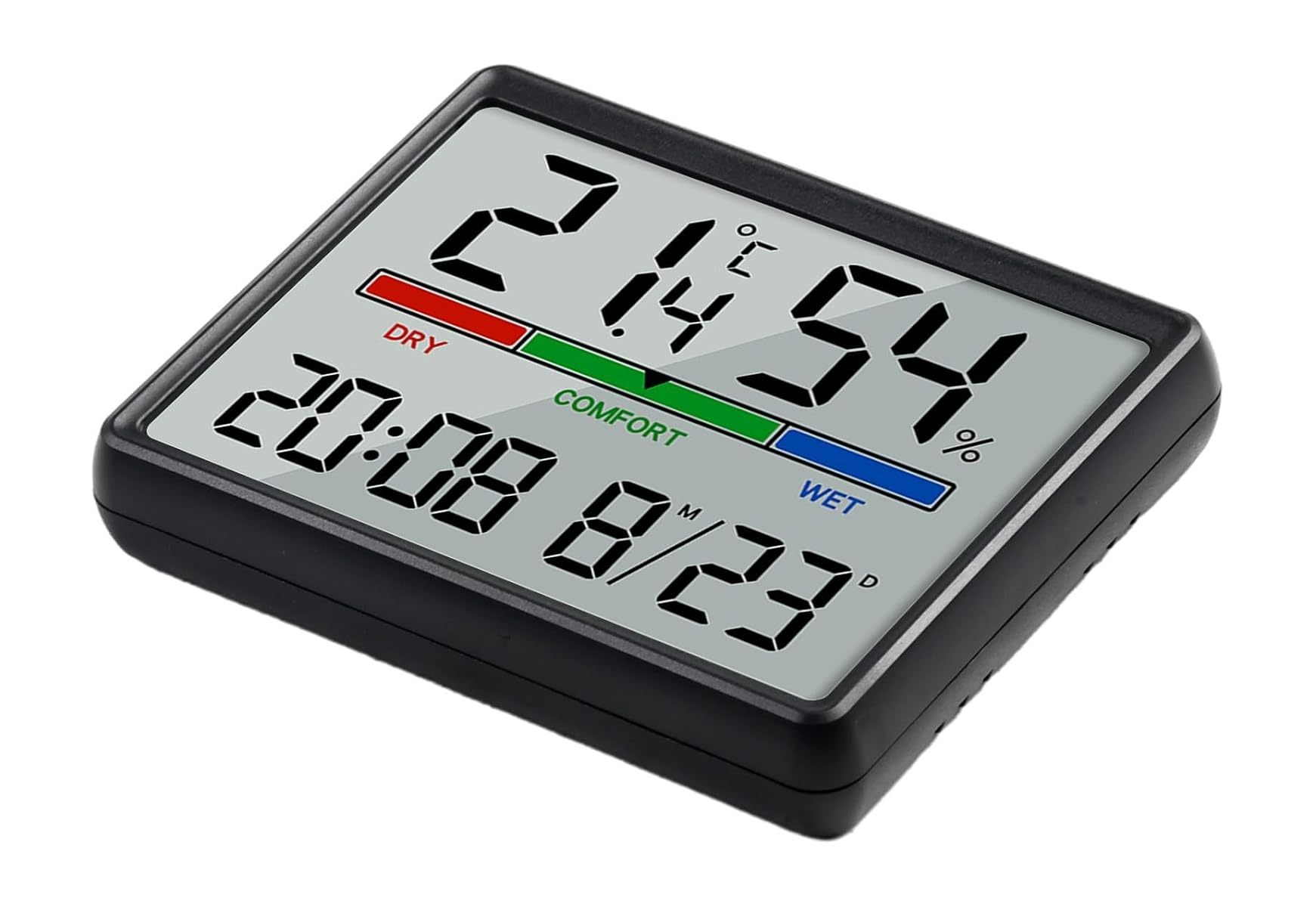 Digitales Thermo-/Hygrometer zeigt 21,5C, 54% Feuchte, Zeit 20:08, Datum 8/23.