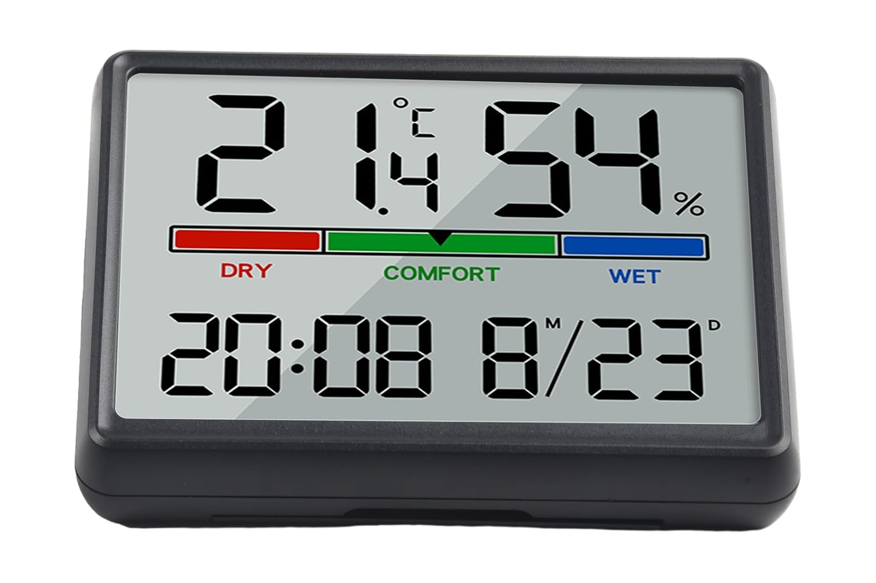 Digitales Thermometer und Hygrometer zeigt 21C, 54% Luftfeuchtigkeit, 20:08 Uhr und 8/23.