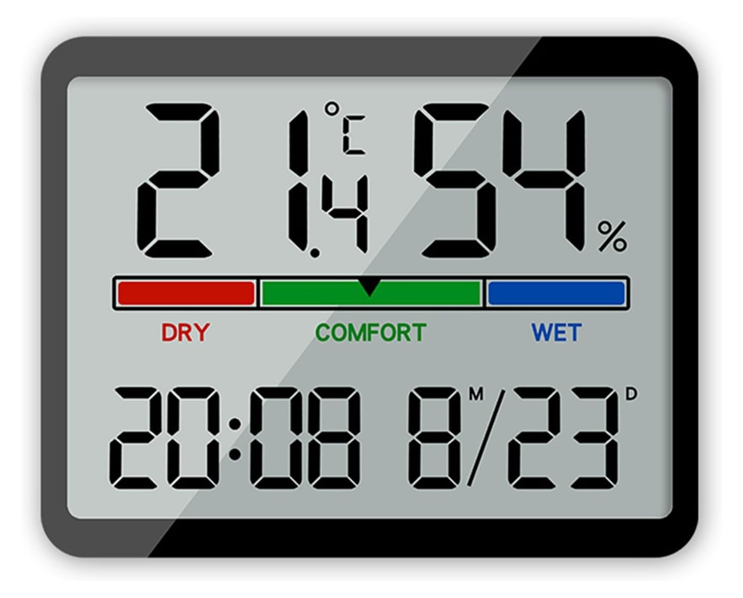 Digitales Hygrometer zeigt 21.4°C, 54% Luftfeuchtigkeit, 20:08 Uhr und 8/23.