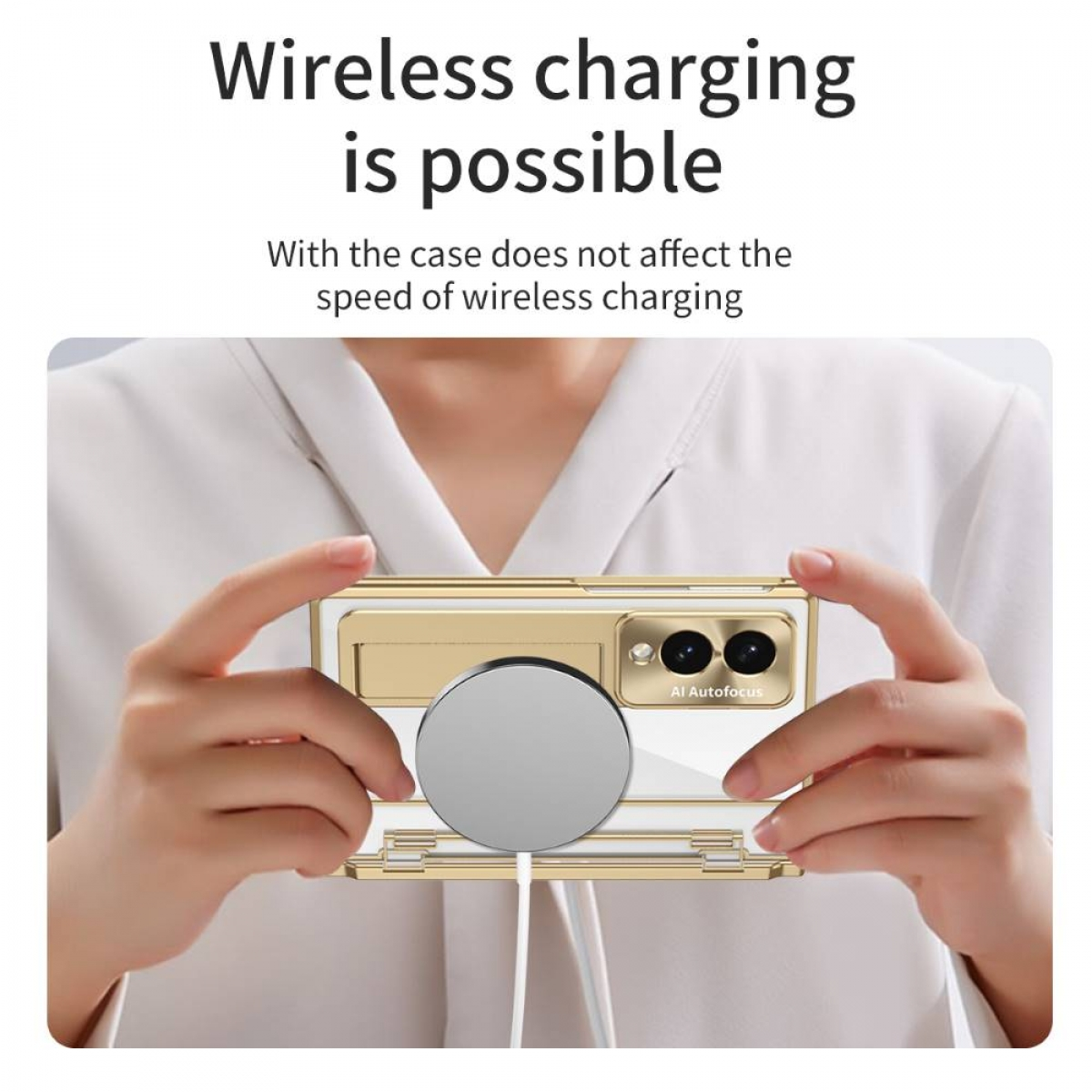 Smartphone mit Ständer, kabellose Ladefunktion und Kamera.
