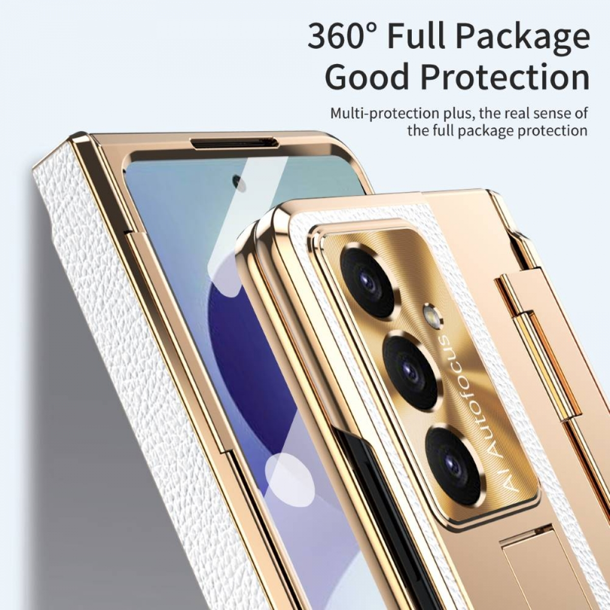 Goldenes Handyhülle mit weißem Leder und dreifacher Kamera. 360°-Schutz.