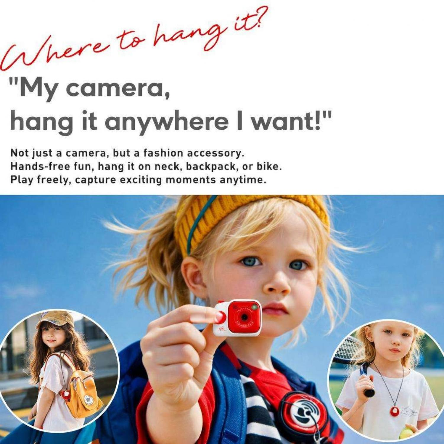 Drei Kinder mit einer kleinen Kamera. Ein Mädchen hält eine rot-weiße Kamera. Andere Kinder sind seitlich.