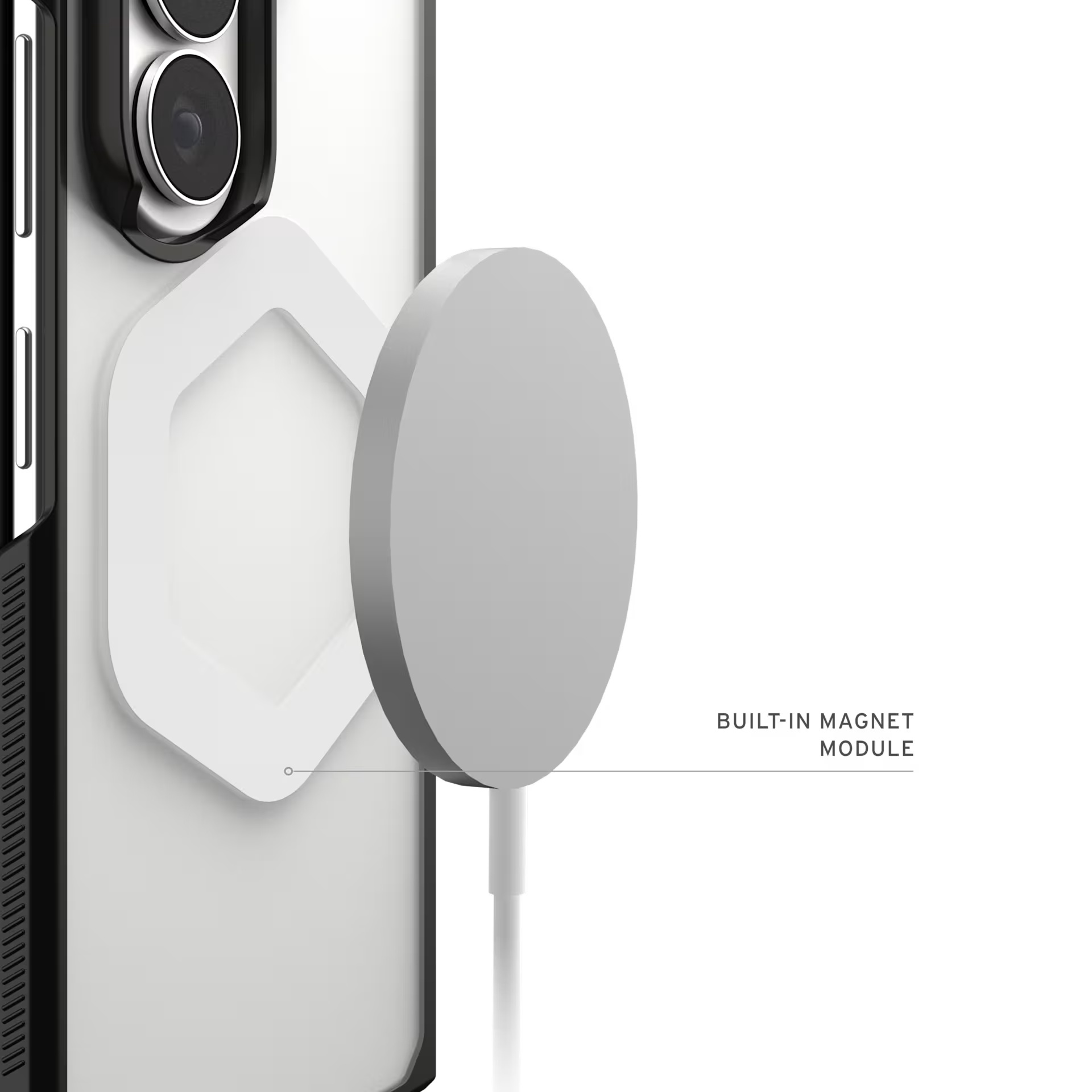 Graues rundes Magnetmodul mit weißem Kabel an schwarzem Handy.