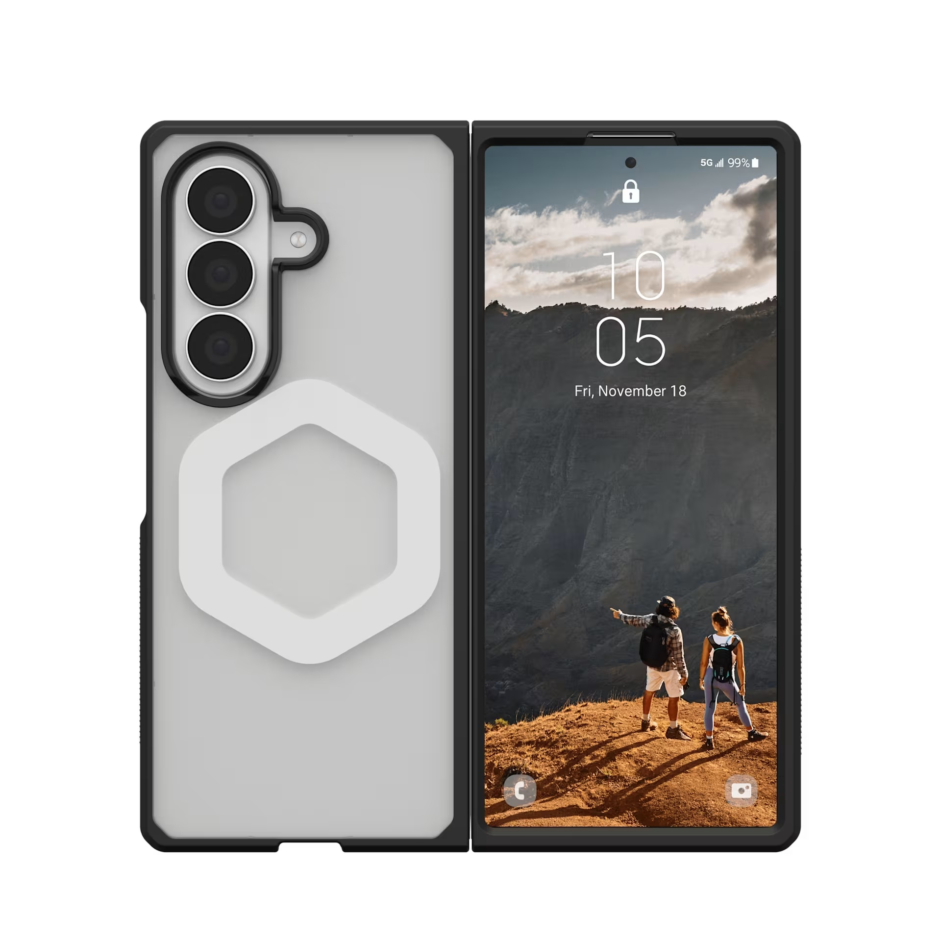Ein aufklappbares Smartphone mit drei Kameras und einem sechseckigen Ring.