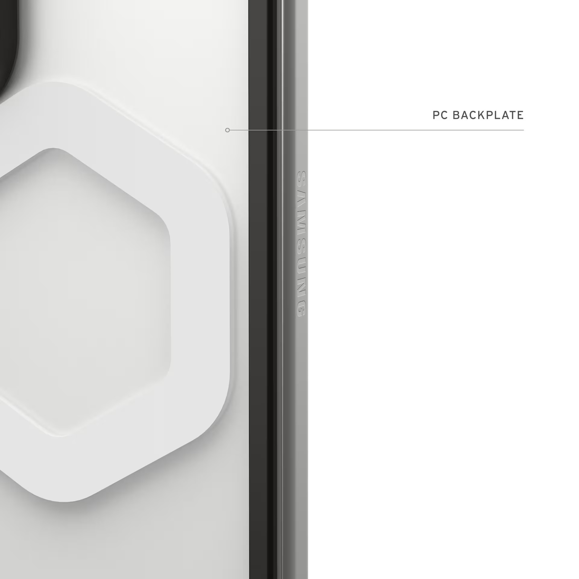 Ein weißer sechseckiger Rahmen auf einem transparenten Gehäuse mit Samsung-Schriftzug.