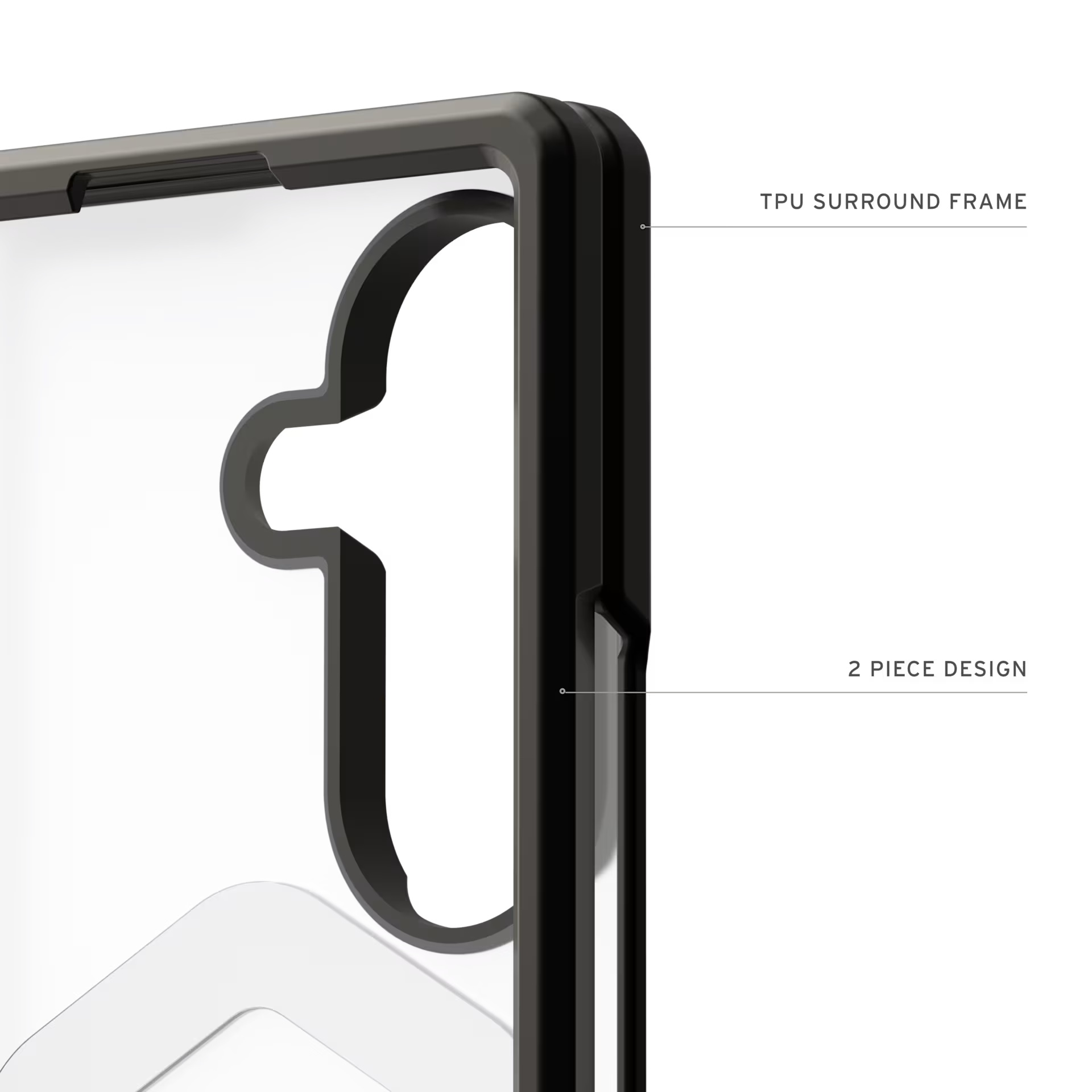 Nahaufnahme eines transparenten Handyhülle-Designs mit schwarzen TPU-Rahmen.