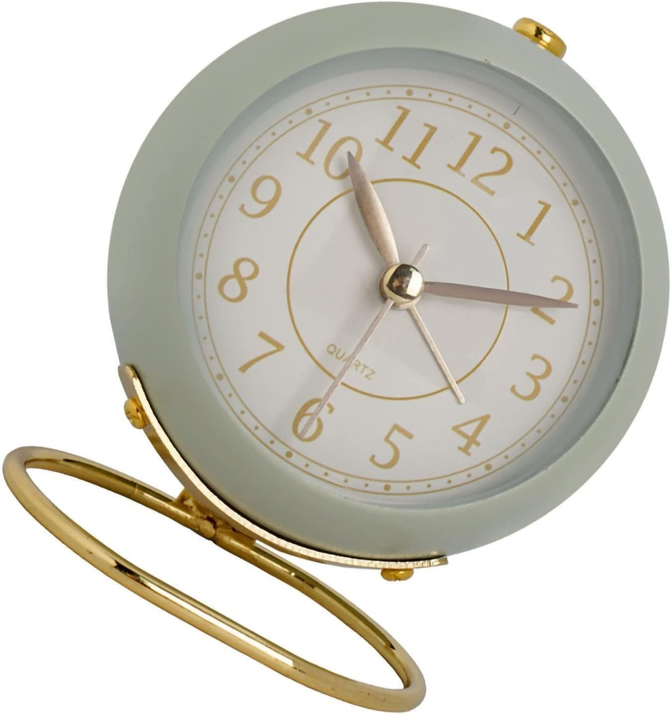 Ein hellgrüner Wecker mit goldenem Ständer. Zeiger stehen auf 10:08.
