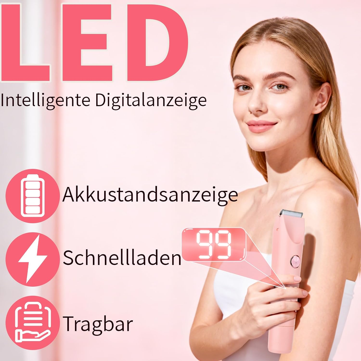 Eine Frau hält einen pinken Haarschneider mit digitaler Anzeige.