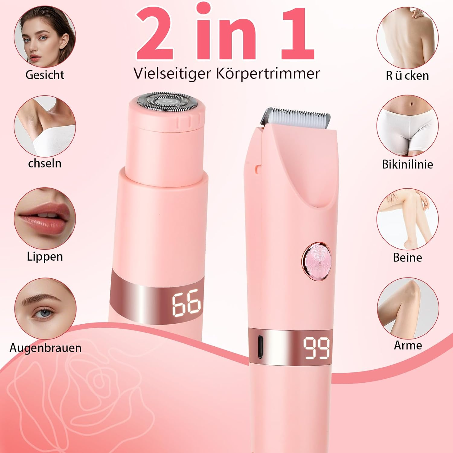 Ein rosafarbener 2-in-1-Körpertrimmer mit verschiedenen Aufsätzen für Gesicht, Achseln, Lippen, Augenbrauen, Rücken, Bikini, Beine und Arme.