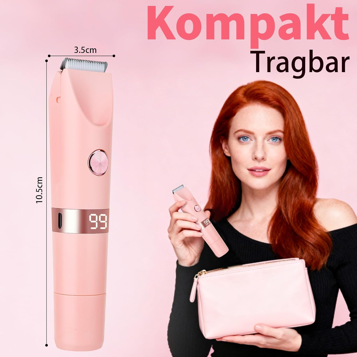 Rosa Haartrimmer mit Digitalanzeige neben einer Frau, die ihn und eine rosa Tasche hält.