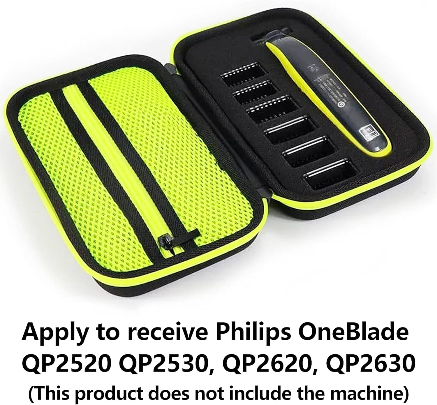Gelbe und schwarze Hülle mit Philips OneBlade und Schutzvorrichtungen. Nicht die Maschine.