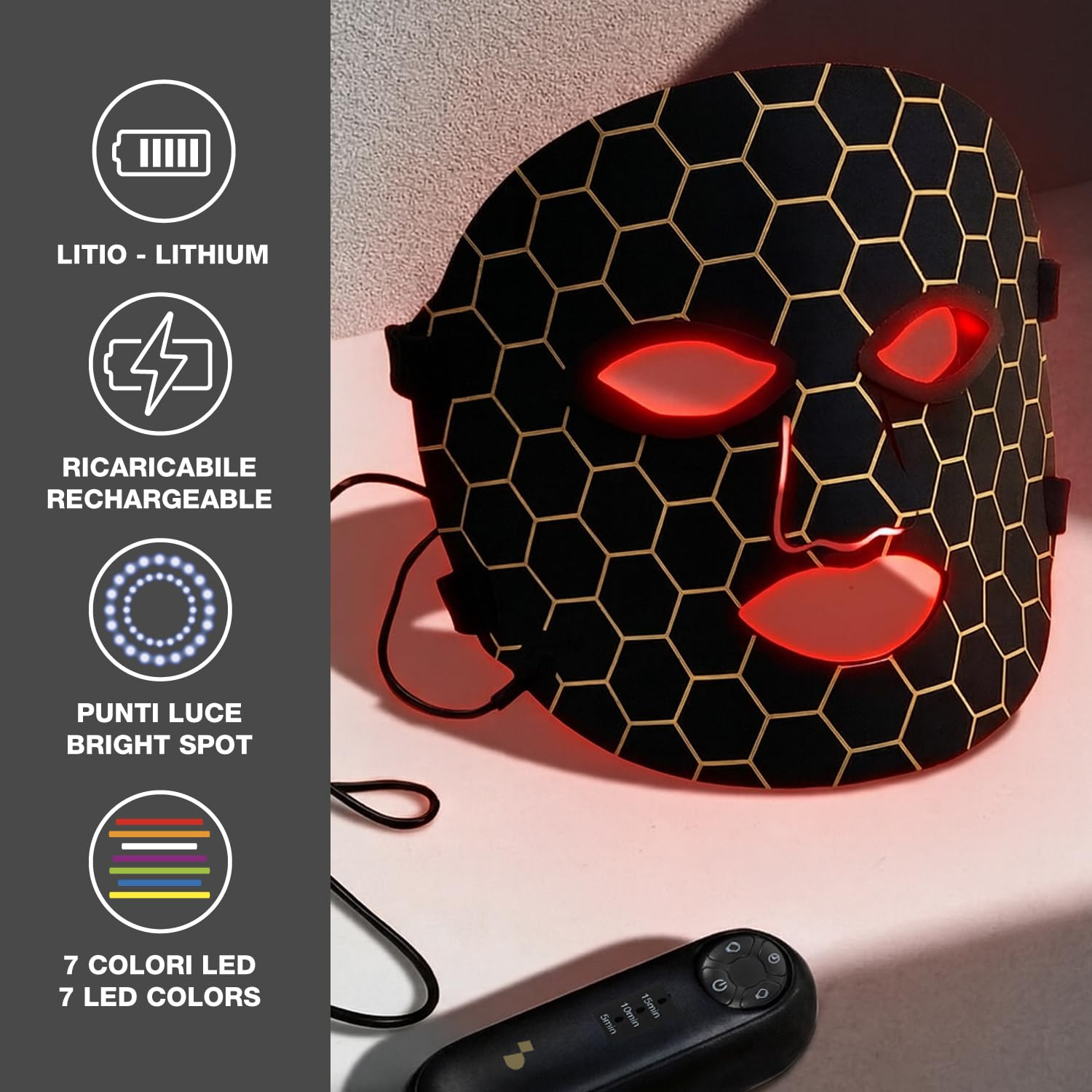 Schwarze LED-Gesichtsmaske mit Wabenmuster und rotem Licht, mit Fernbedienung.