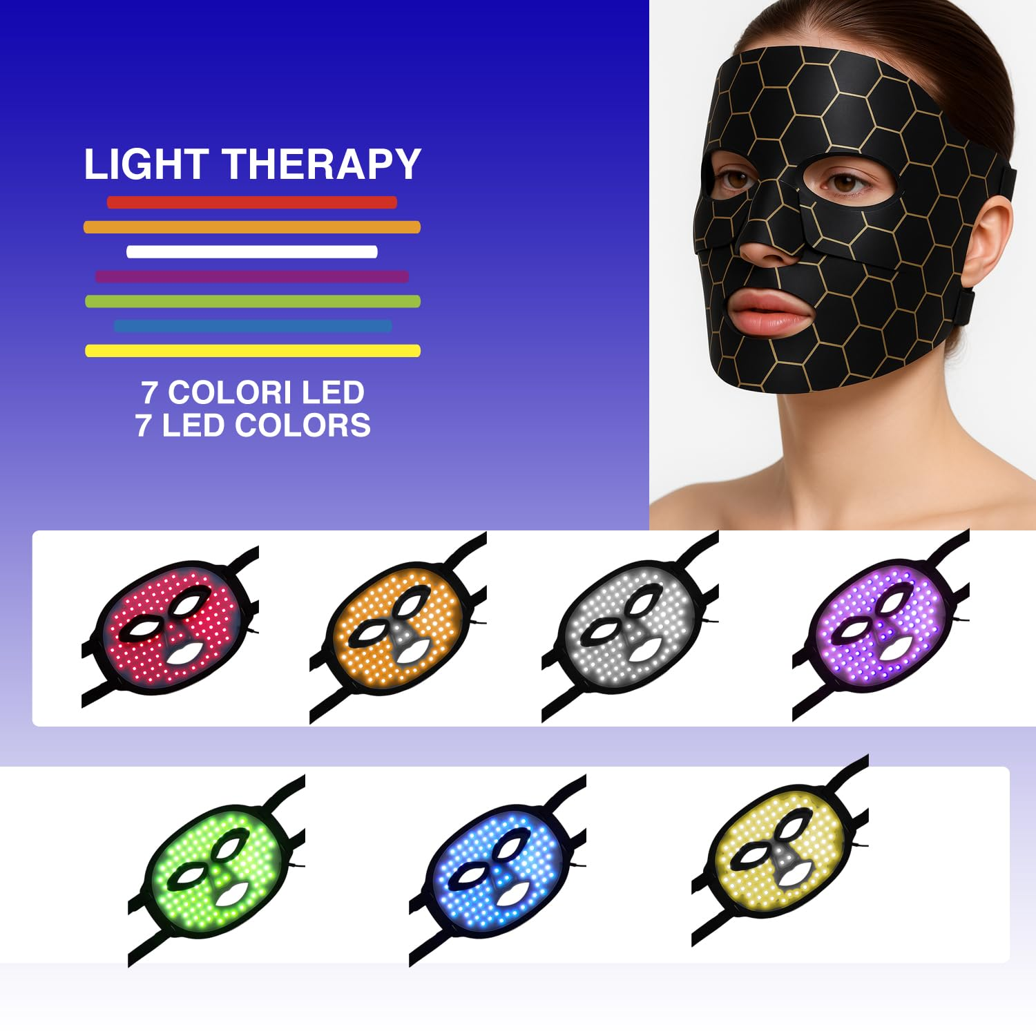 Schwarze Gesichtsmaske mit Wabendesign und "Light Therapy"-Aufschrift, 7 LED-Farben.