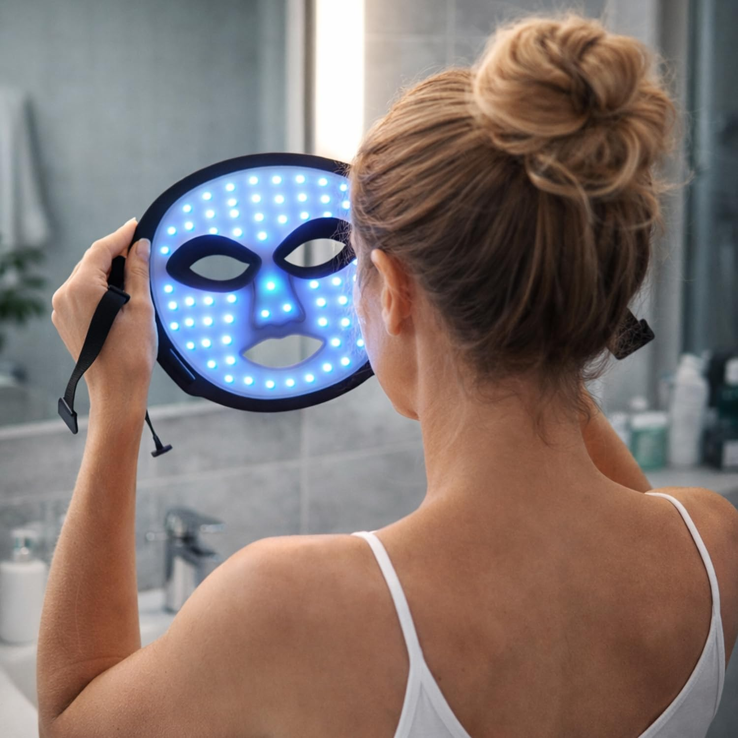 Frau hält eine blaue LED-Gesichtsmaske vor ihr Gesicht, Haare zu einem Dutt gebunden.