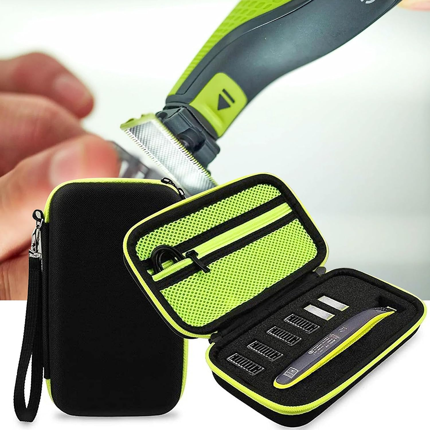 Ein Elektrorasierer-Reiseset mit schwarzer Tasche und neonfarbenen Akzenten.