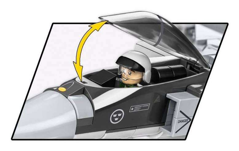 Pilot in einem Jet-Cockpit, mit gelbem Pfeil, der das Öffnen der Haube anzeigt.