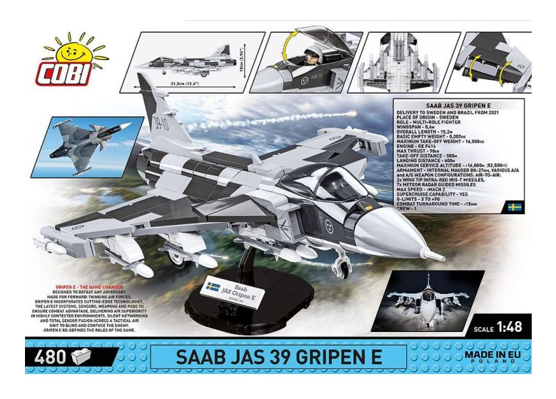 Ein Lego-Modell eines Saab JAS 39 Gripen E Kampfflugzeugs auf einem Displayständer.
