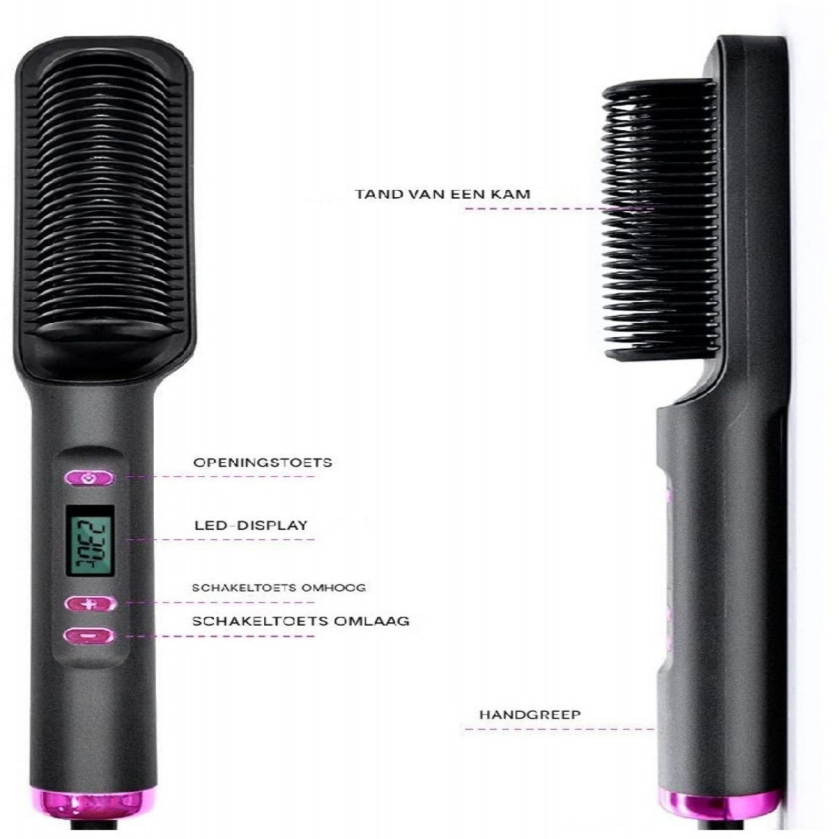 Ein schwarzer Haarglättungskamm mit LED-Anzeige, Tasten und Griff. Zeigt Zähne.