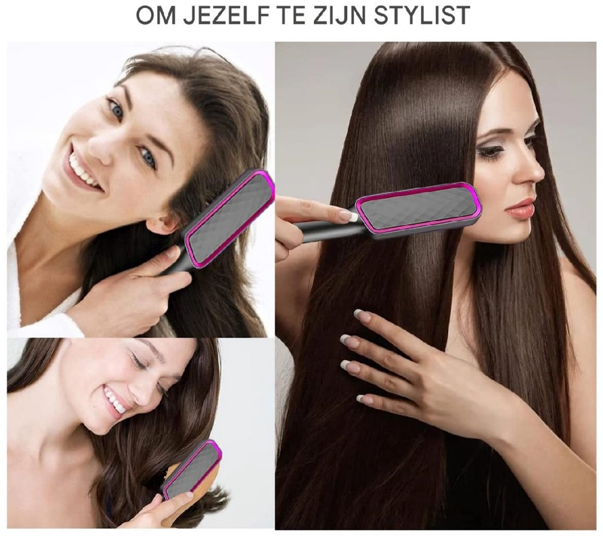 Drei Frauen mit langen Haaren benutzen einen glättenden Kamm.