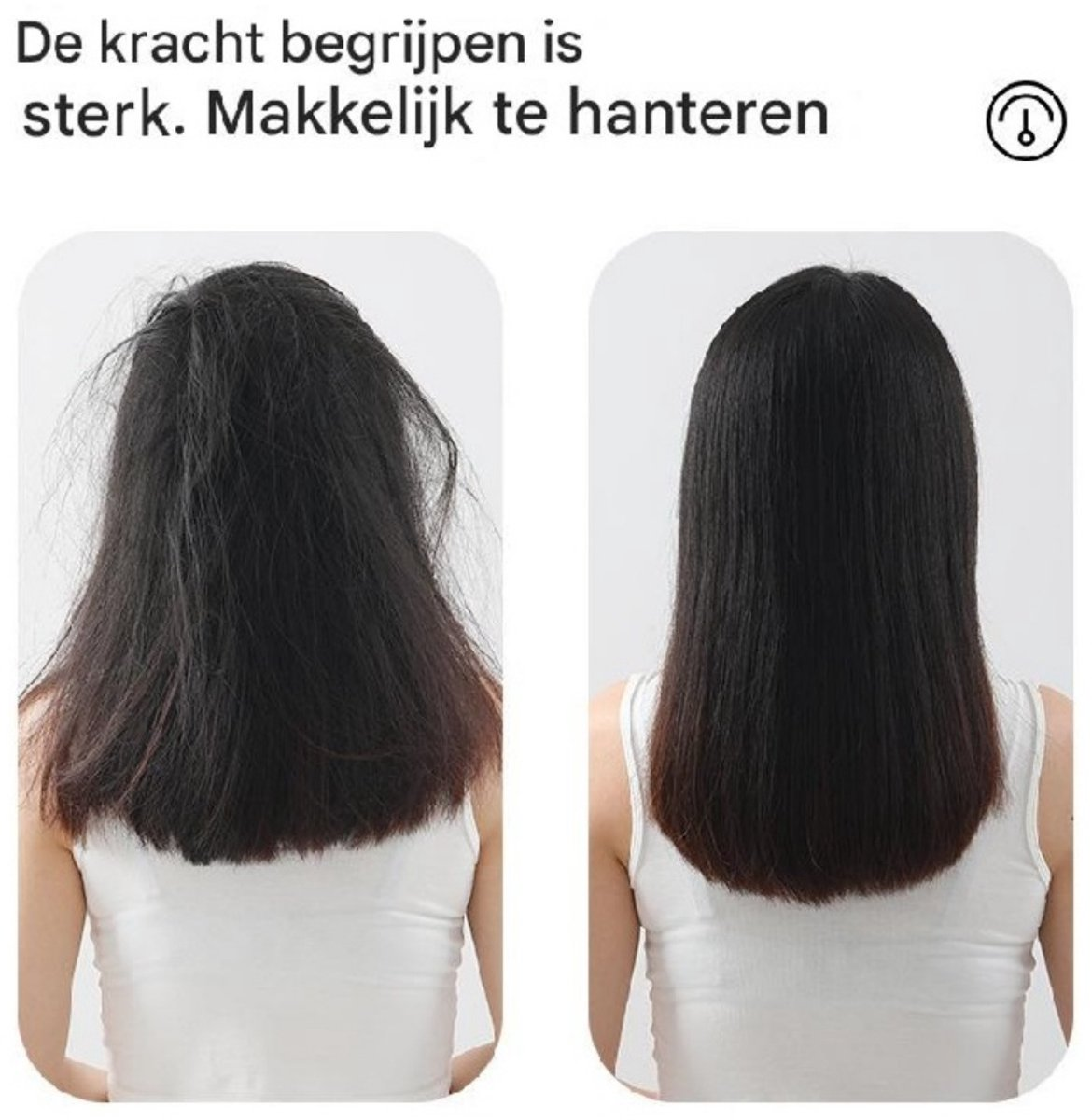 Vorher-Nachher-Vergleich von dunklem Haar: unordentlich vs. glatt.