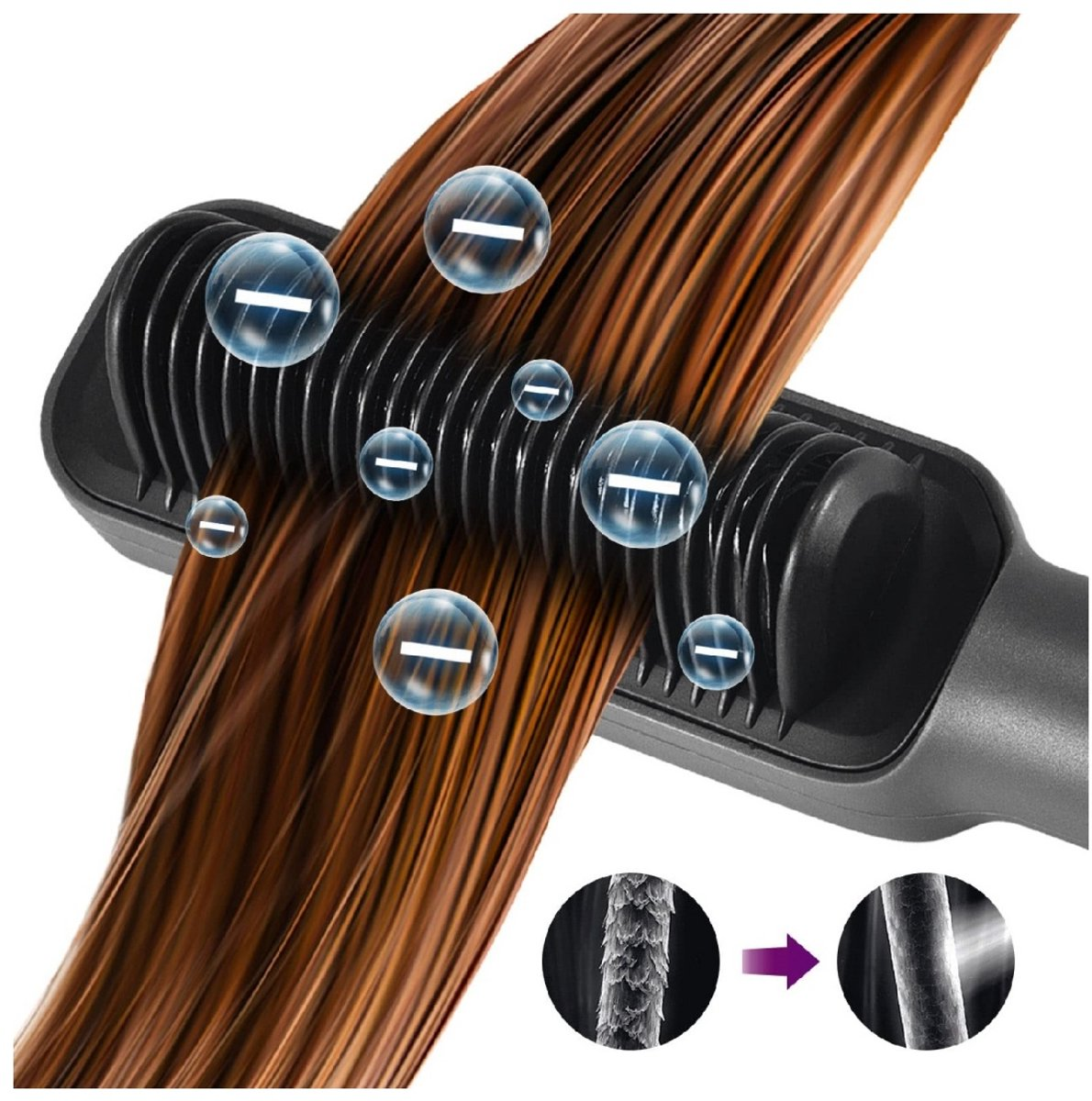 Eine schwarze Haarglättungsbürste mit braunem Haar und negativen Ionenkugeln.