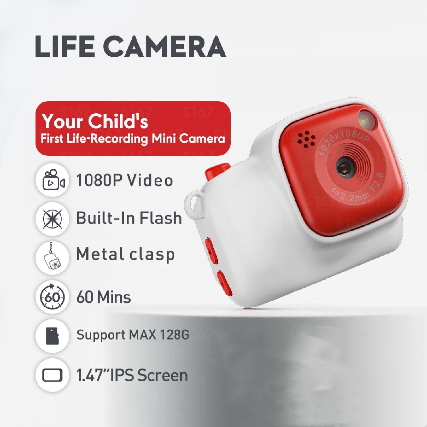 Eine weiße Mini-Kamera mit roten Akzenten, die 1080P-Video, Blitz und 1,47-Zoll-Bildschirm bietet.