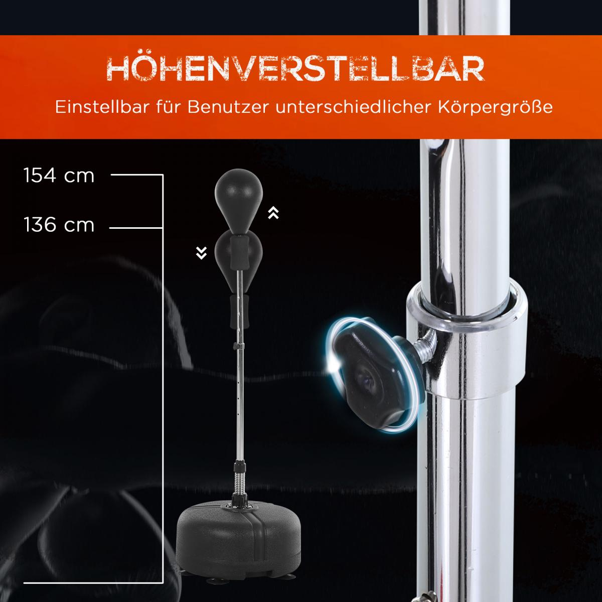 Höhenverstellbarer Boxsack: 136-154 cm. Schwarz. Mit Saugfuß und Metallstange.