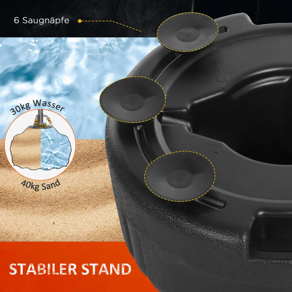 Schwarzer Ständer mit Saugnäpfen, gefüllt mit 30kg Wasser oder 40kg Sand.