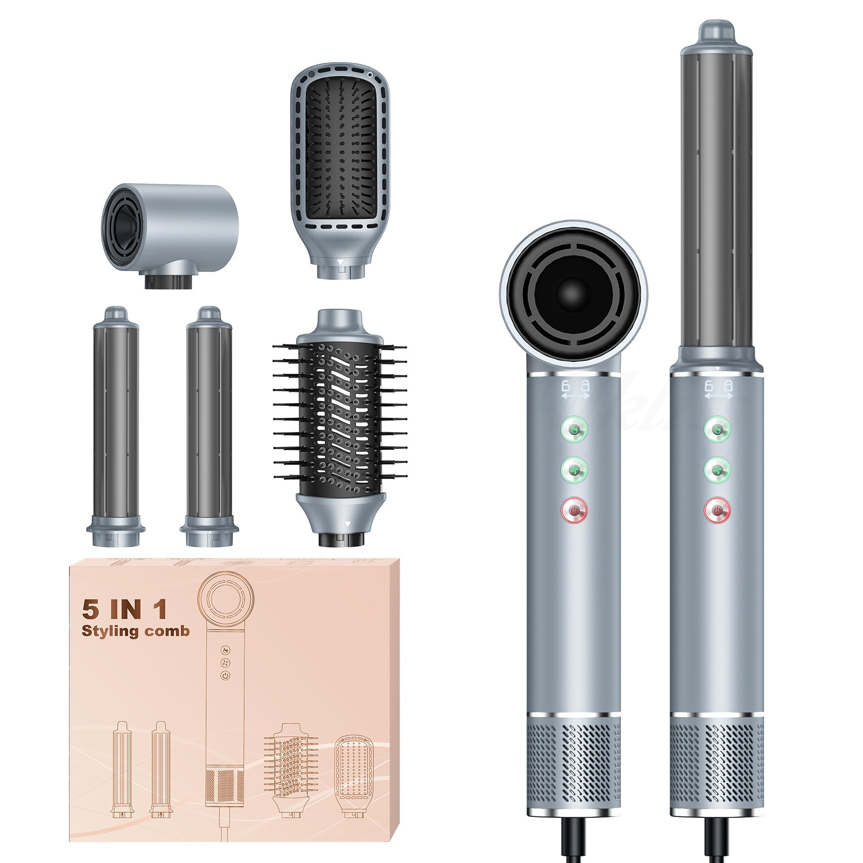 Silberner 5-in-1-Hairstyler mit verschiedenen Aufsätzen und Verpackung.