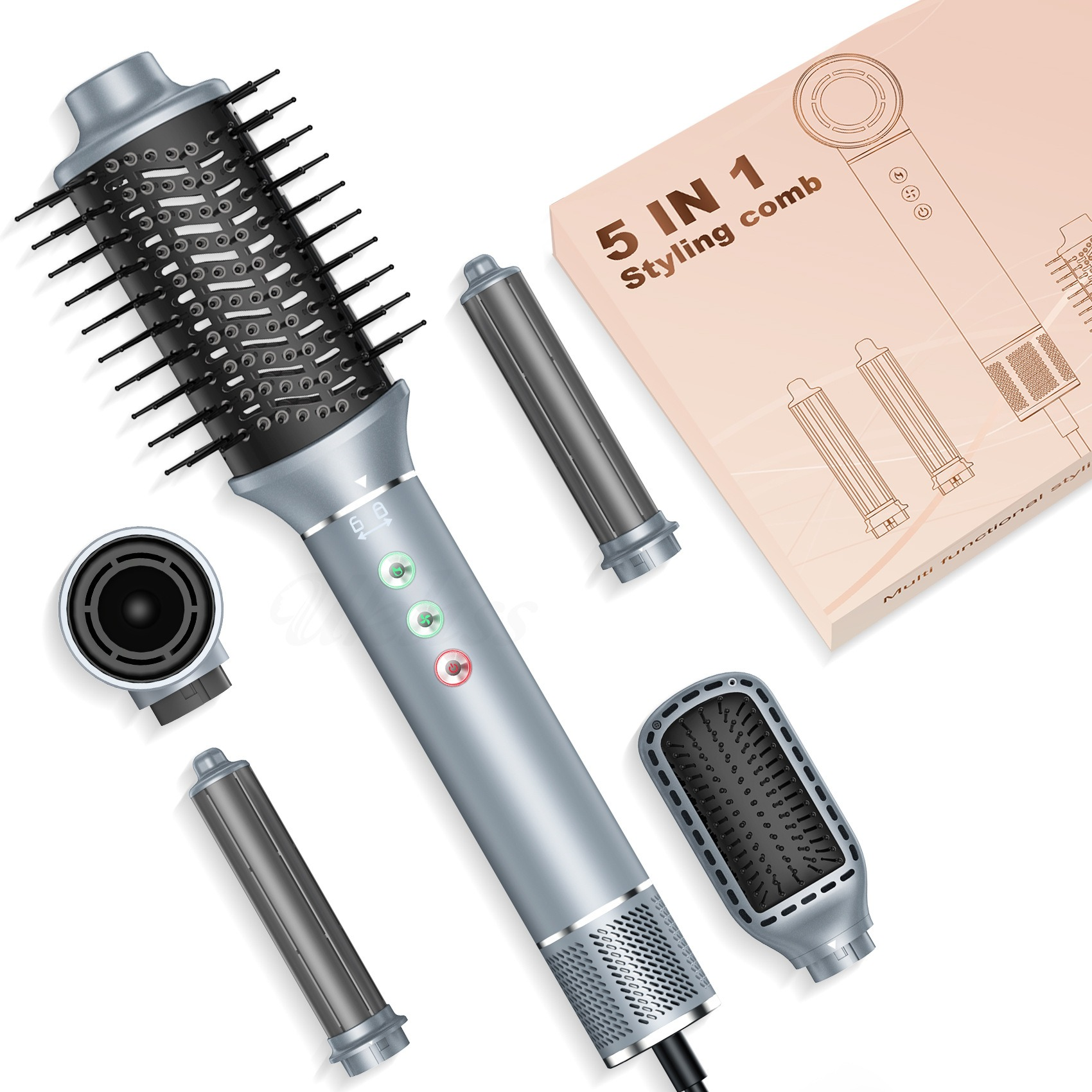 Ein silberner 5-in-1-Haarstyler mit Aufsätzen und Verpackung auf weißem Hintergrund.