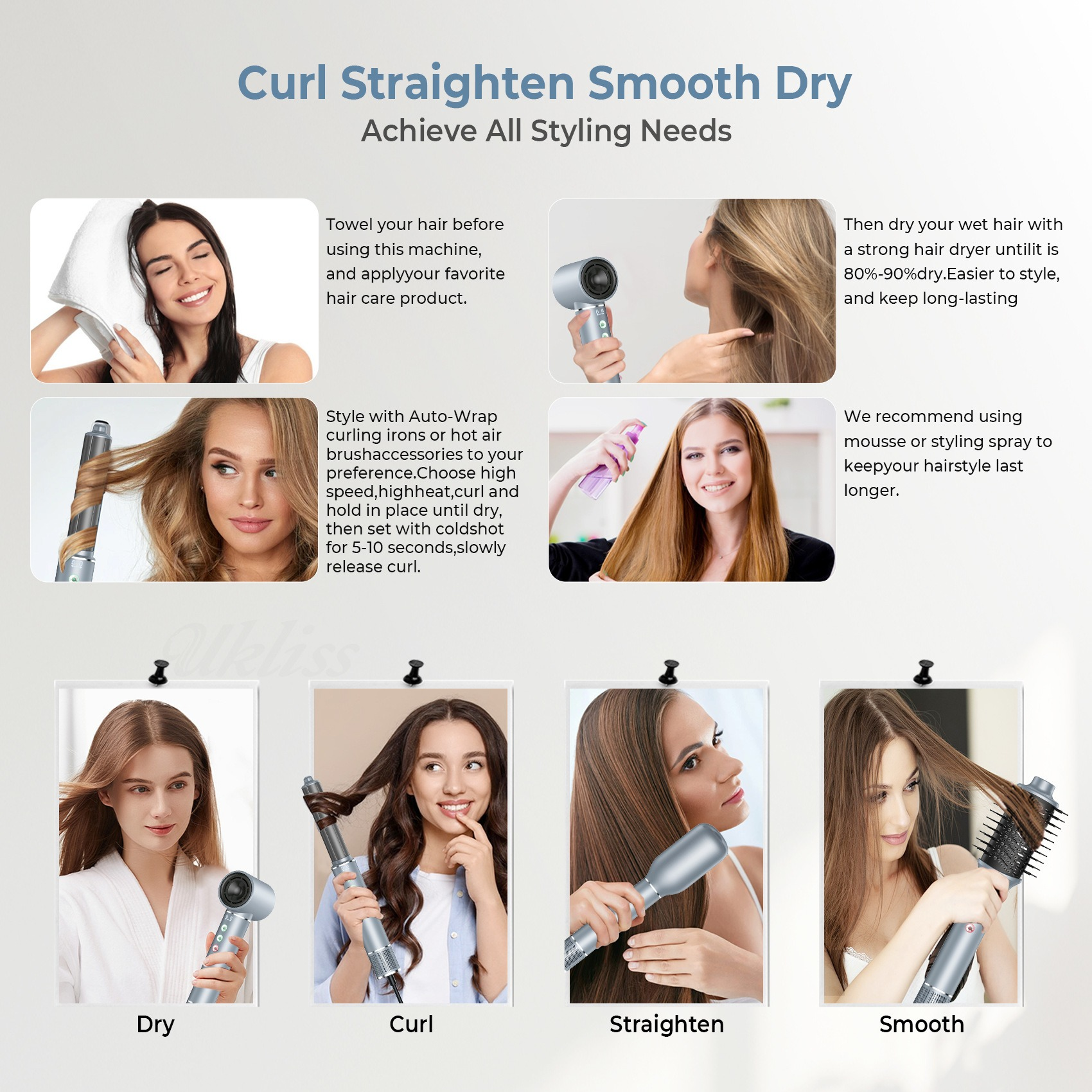 Frauen mit verschiedenen Frisuren und Geräten zur Haarpflege.