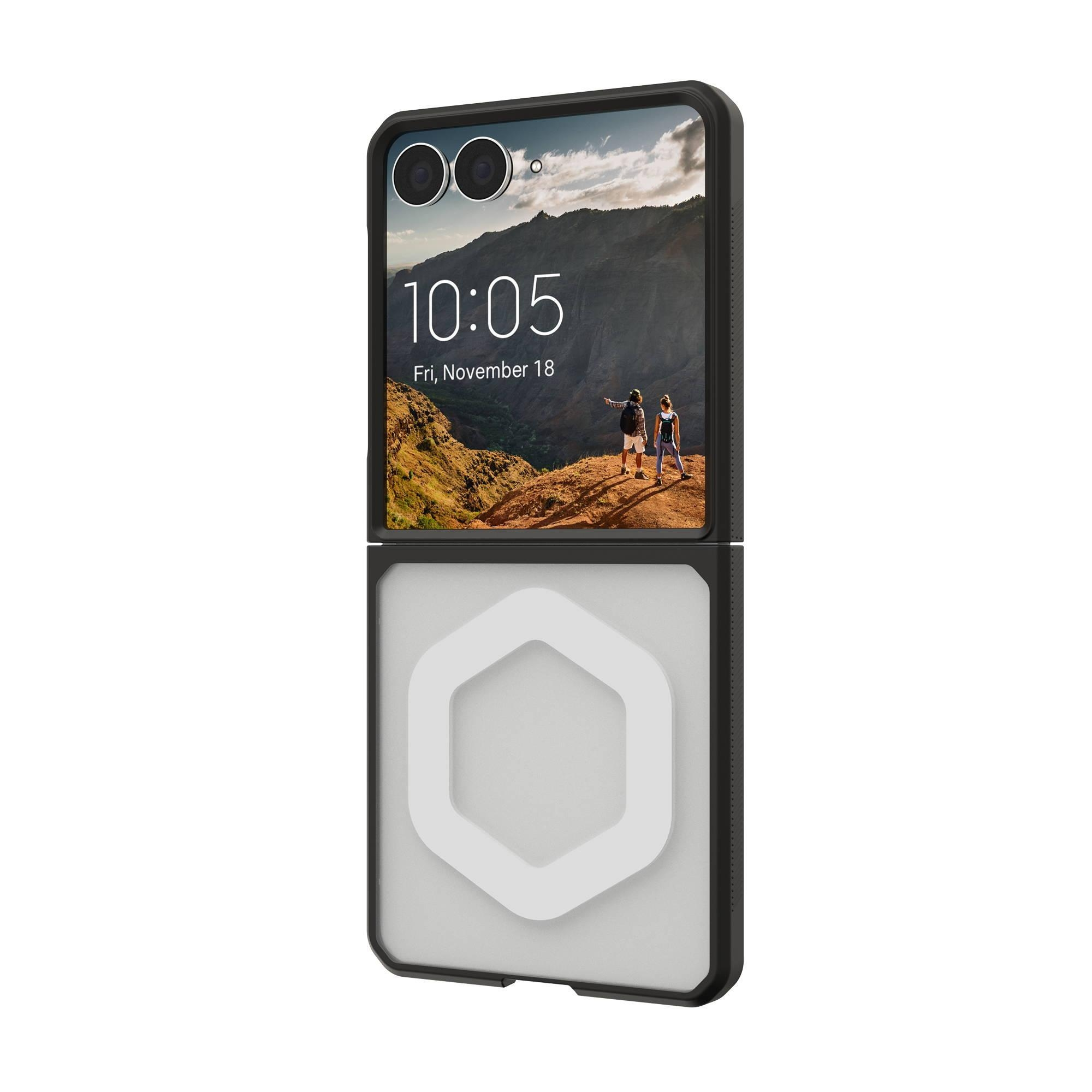 Ein Smartphone mit Berglandschaft auf dem Display und einem sechseckigen Rahmen darunter.