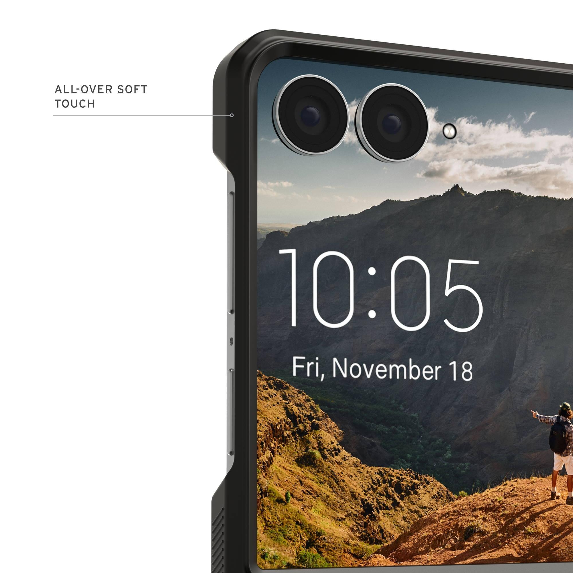 Smartphone mit Landschaftshintergrund, Uhrzeit 10:05, Datum: 18. Nov.