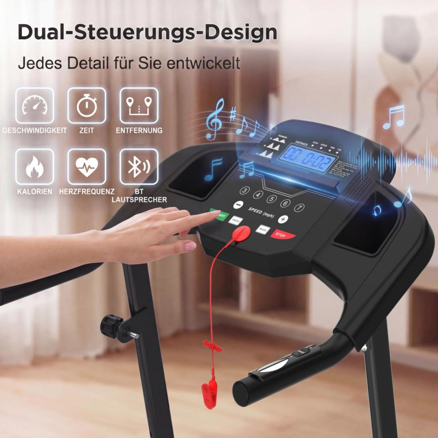 Eine Hand bedient das Laufband-Display mit Symbolen für Geschwindigkeit, Zeit, Distanz, Kalorien und Herzfrequenz.