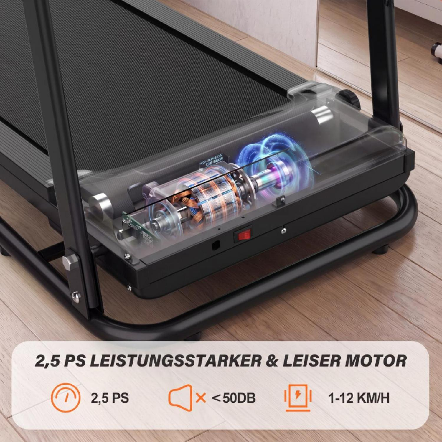 Detailansicht eines Laufbandmotors mit 2,5 PS, unter 50dB und 1-12 km/h.