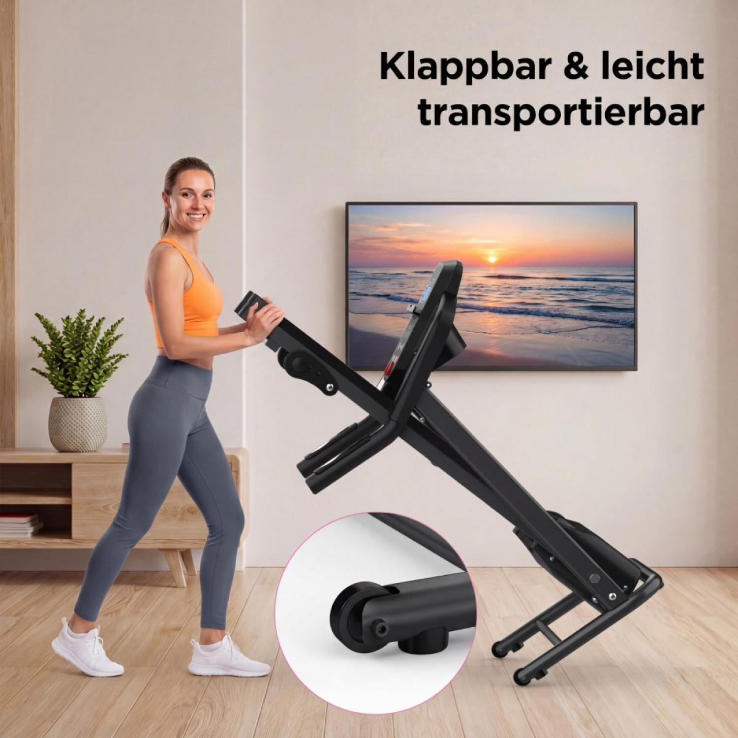 Frau auf Laufband mit Fernseher im Hintergrund, der einen Sonnenuntergang zeigt.