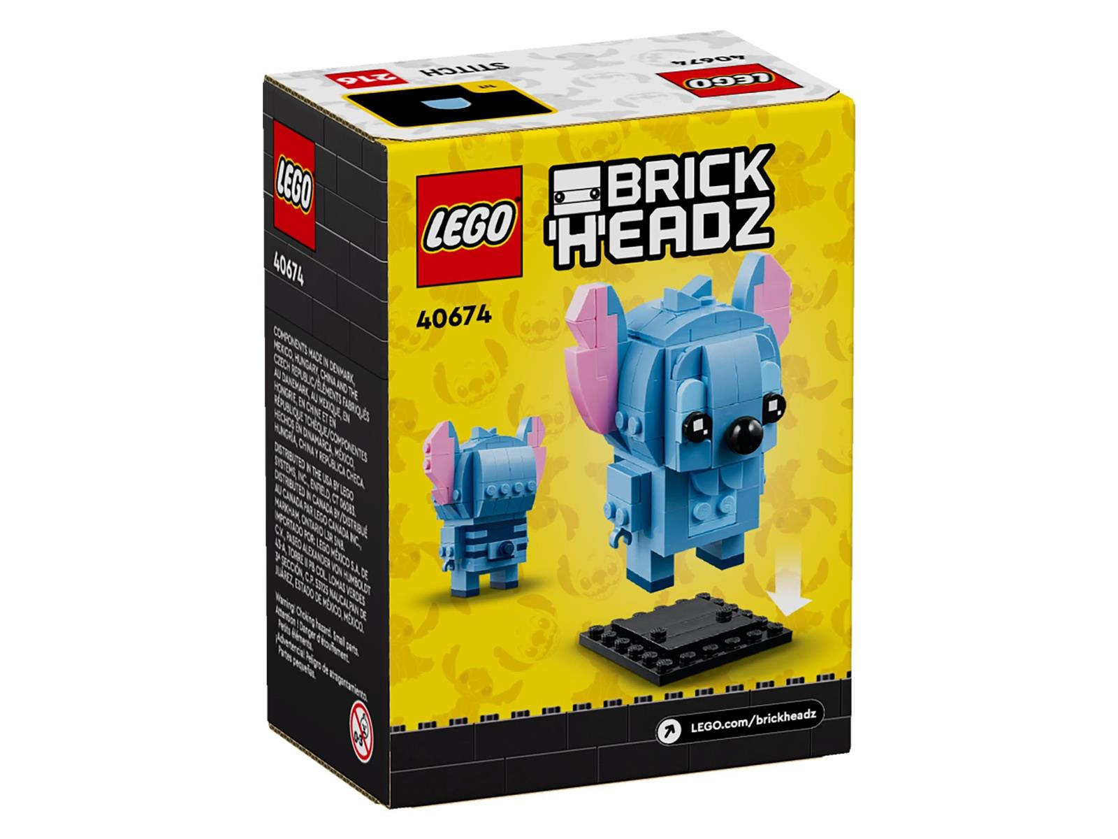 Lego BrickHeadz Box mit Stitch-Figuren. Gelbe Box mit blauen Stitch-Figuren.