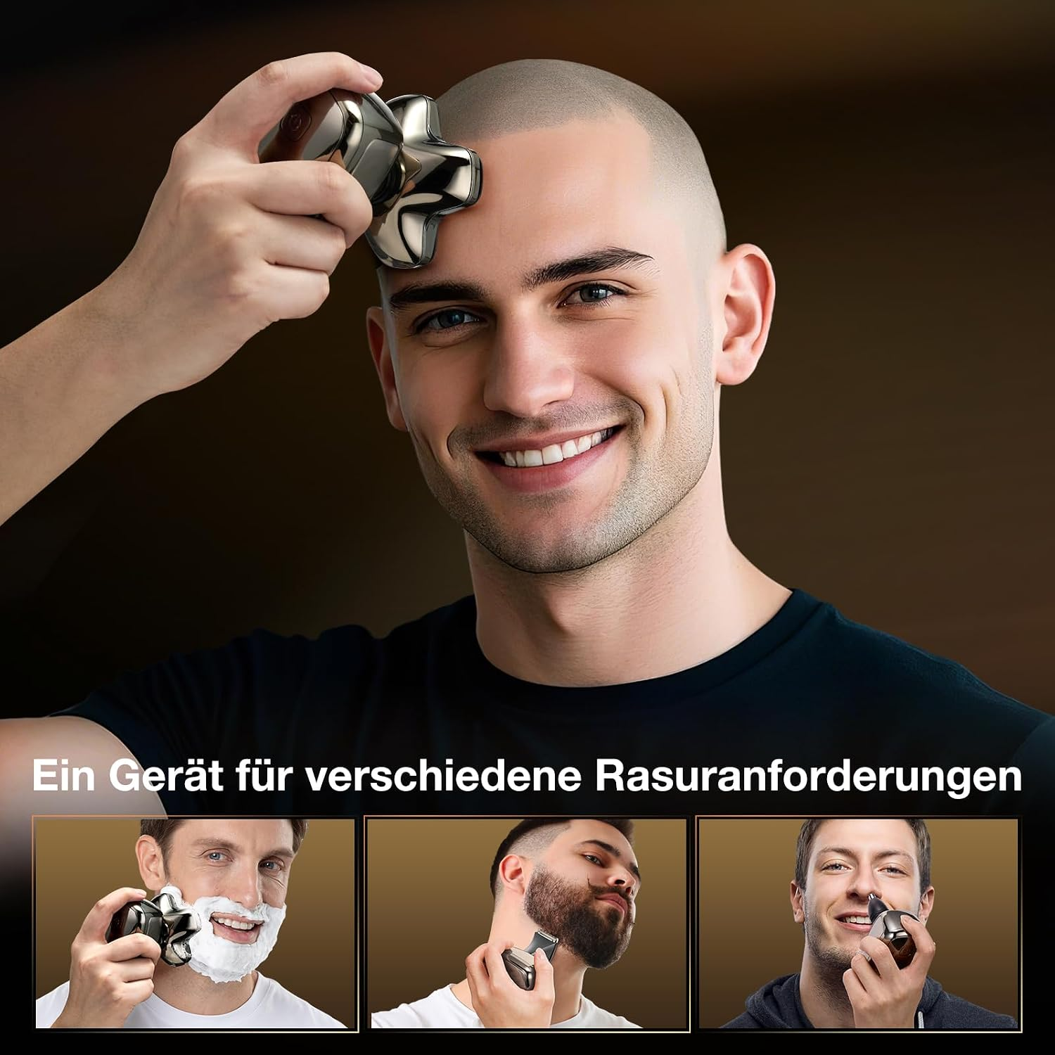 Mann rasiert Kopf, rasiert Bart, trimmt Nase. Ein Gerät für verschiedene Rasuranforderungen.