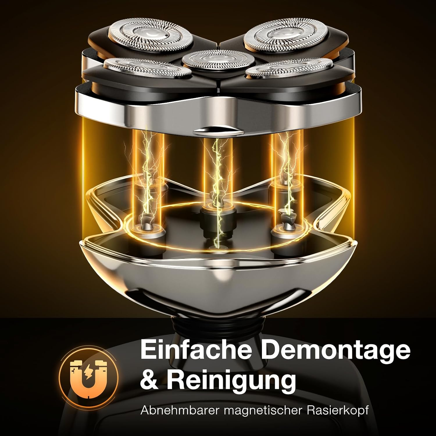 Scherkopf eines Elektrorasierers mit rotierenden Klingen, der orange Licht und Funken aussendet.