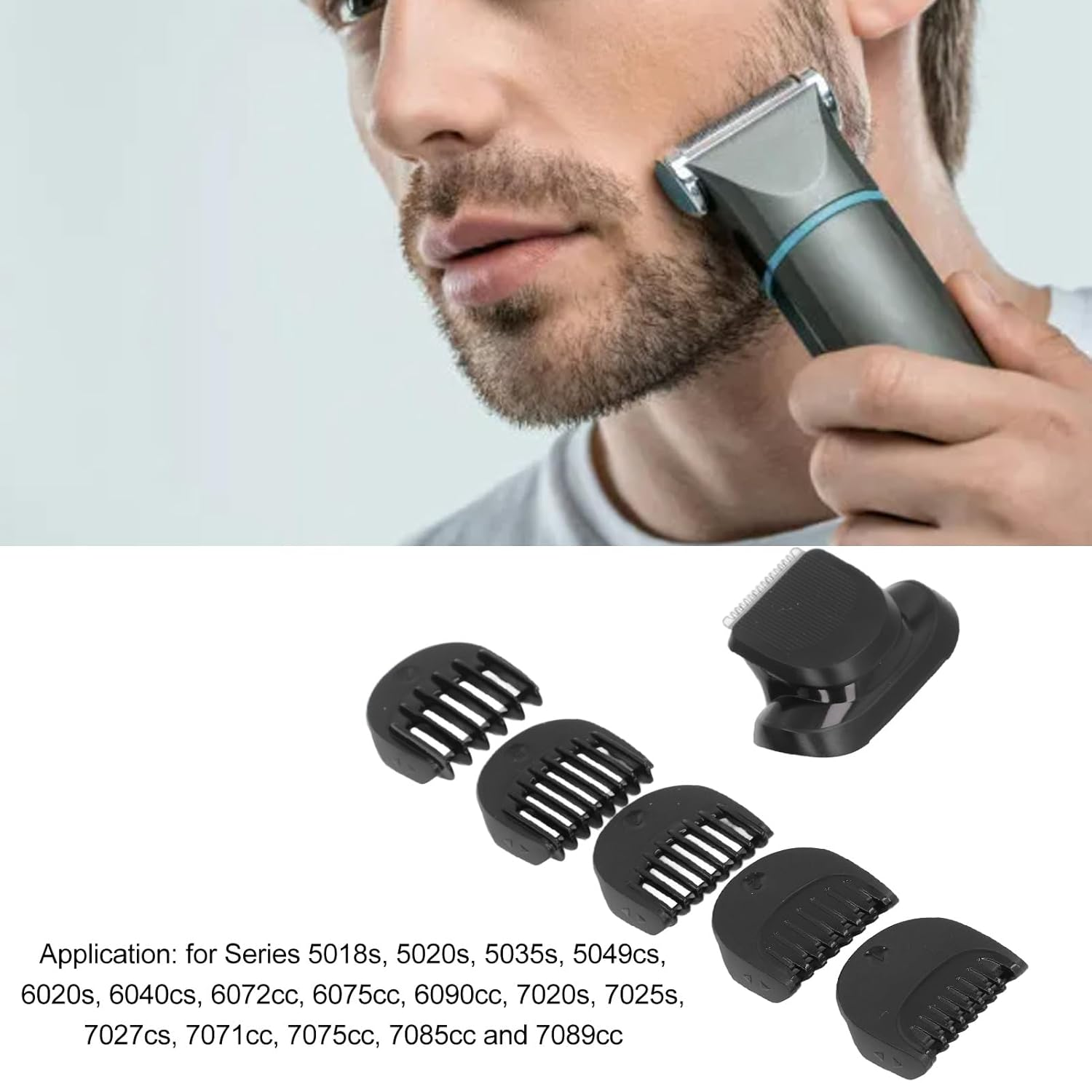 Ein Mann rasiert sich das Gesicht mit einem Trimmer. Zubehörteile liegen daneben.