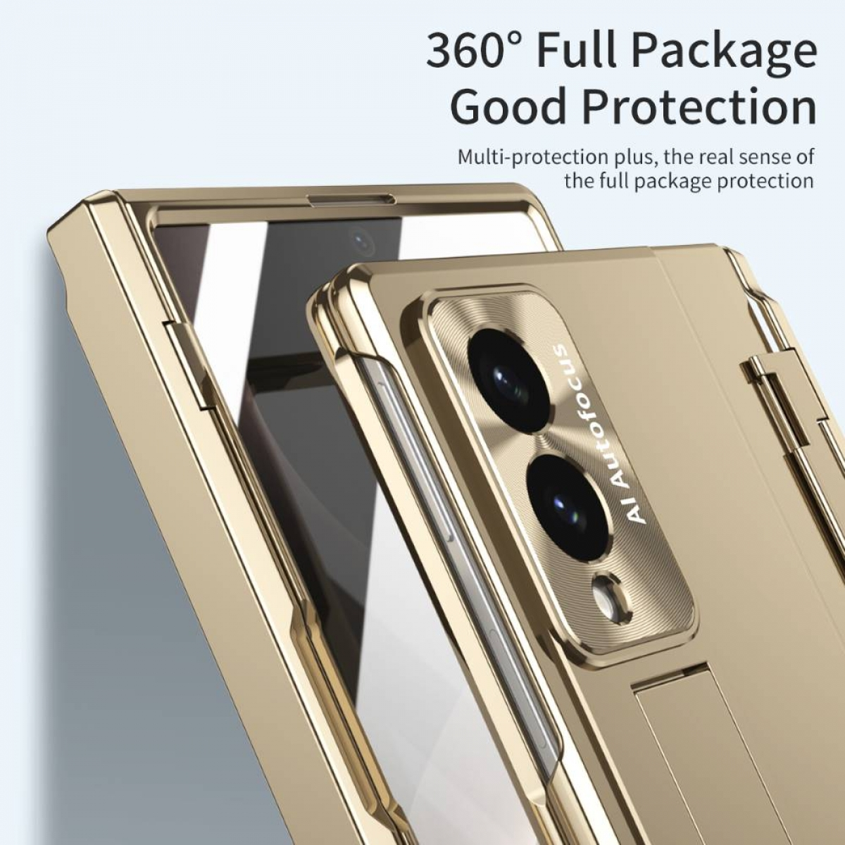 Goldene Handyhülle mit 360°-Schutz und AI Autofocus Kameramodul.