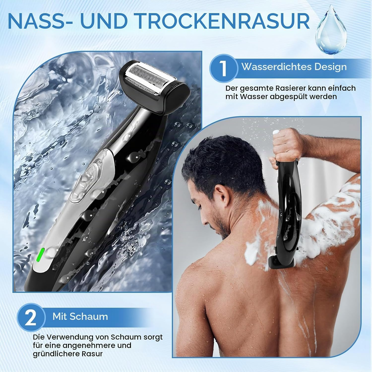 Ein Mann rasiert seinen Rücken mit einem elektrischen Rasierer, der nass und trocken verwendet werden kann.