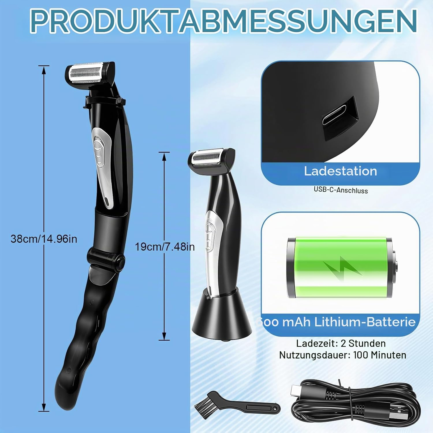 Produktmaße: Elektrorasierer, Ladestation mit USB-C, Akku, Bürste, Kabel.