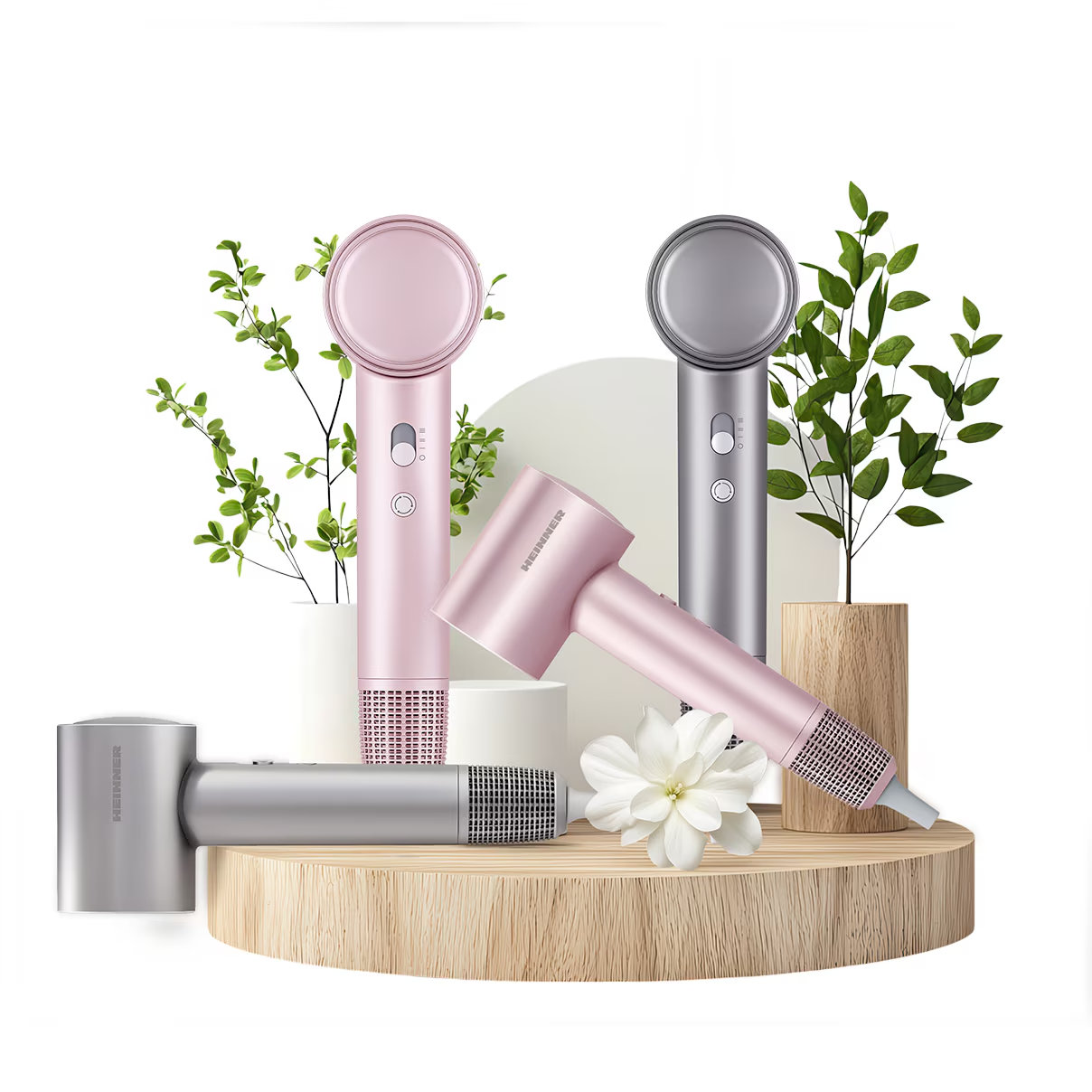 Zwei Haartrockner, rosa und grau, mit Pflanzen auf einem Holzpodest.