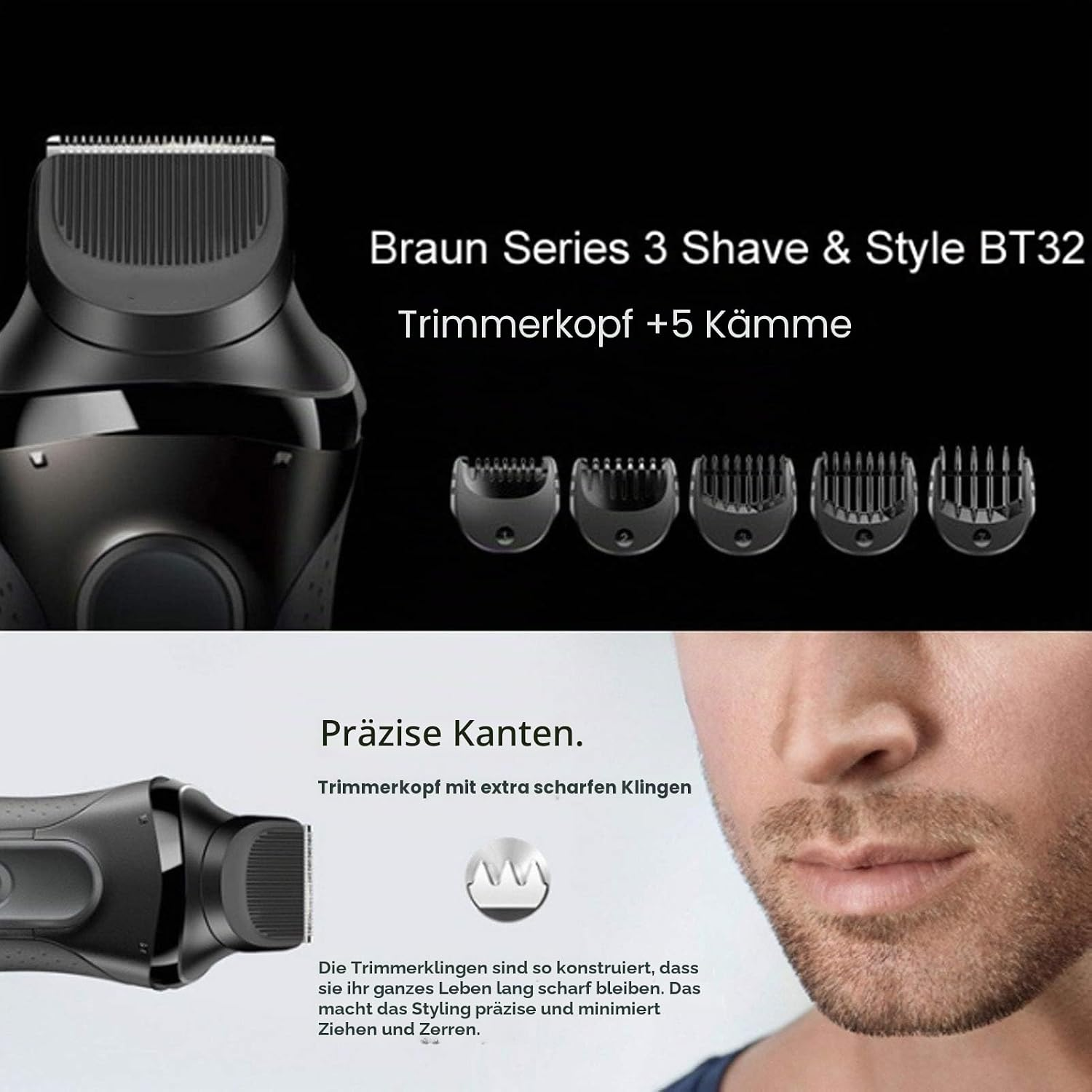 Ein schwarzer Braun Trimmer mit Aufsätzen und ein Mann mit Bart.
